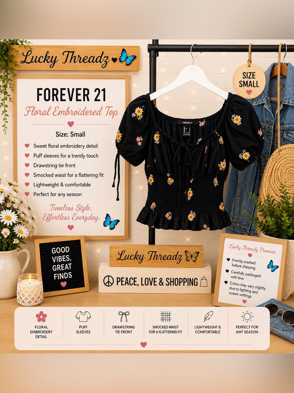 Forever 21 Black Floral Smocked Puff Sleeve Top